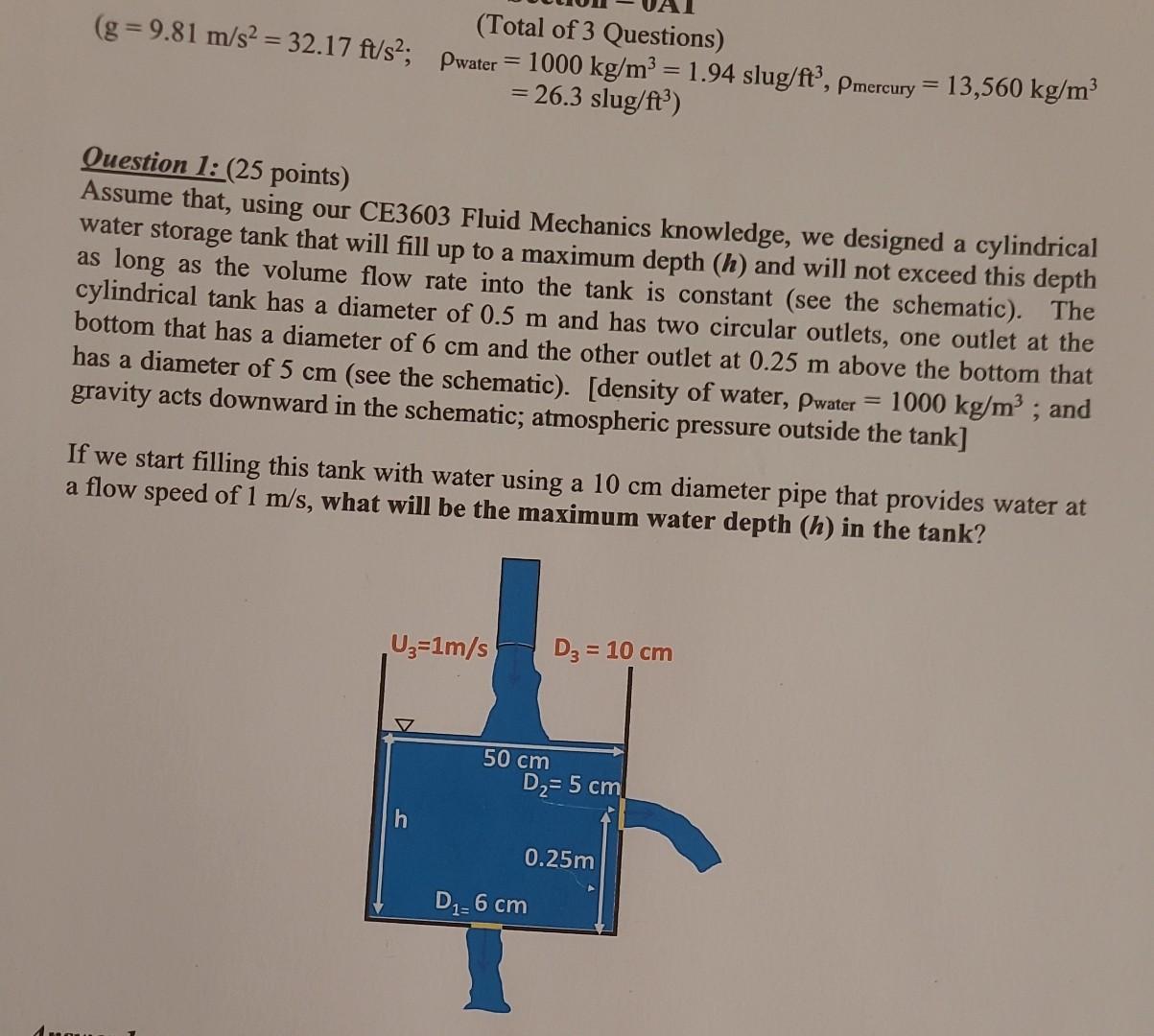 Solved (g=9.81 m/s2=32.17ft/s2 (Total of 3 Questions) ρwater | Chegg.com
