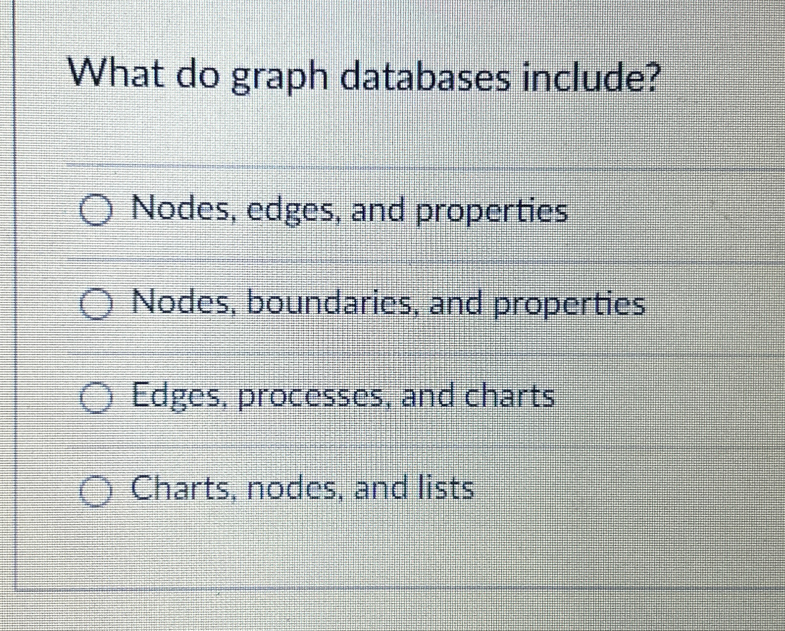 Solved What do graph databases include?Nodes, edges, and | Chegg.com