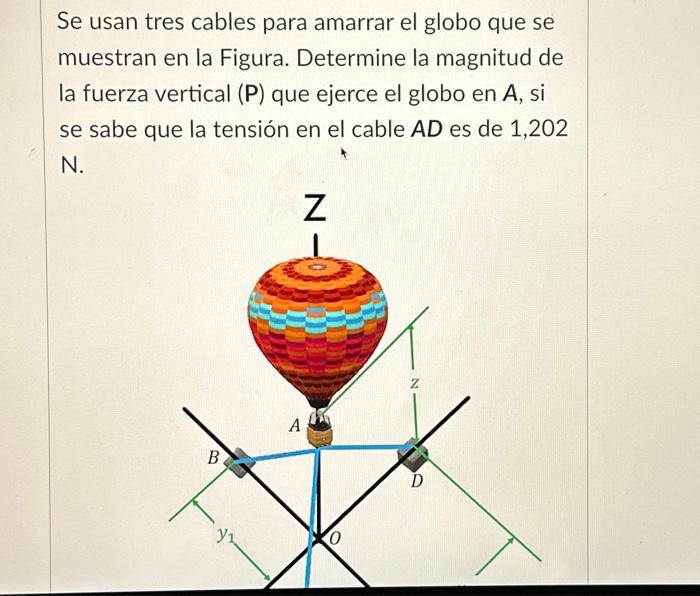 Se usan tres cables para amarrar el globo que se muestran en la Figura. Determine la magnitud de la fuerza vertical \( (P) \)