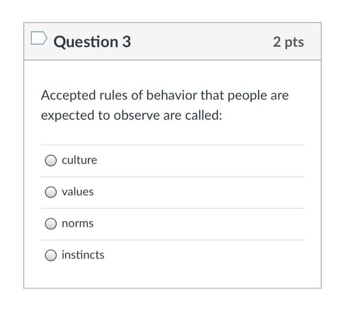 Solved Question 3 2 pts Accepted rules of behavior that | Chegg.com