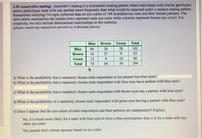 Solved 2.20 Assortative Mating: Assortative Mating Is A | Chegg.com