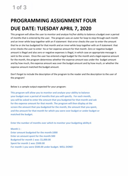 Solved 1 of 3 PROGRAMMING ASSIGNMENT FOUR DUE DATE: TUESDAY | Chegg.com