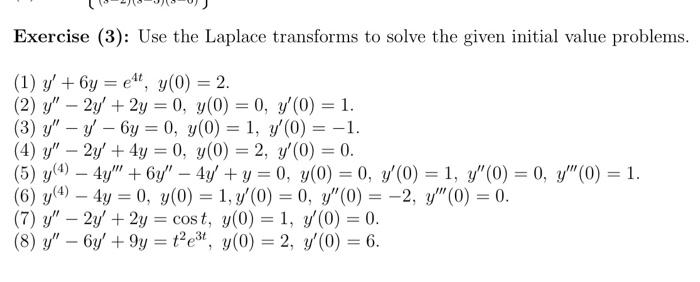 Exercise (3): Use the Laplace transforms to solve the given initial value problems. (1) \( y^{\prime}+6 y=e^{4 t}, y(0)=2 \).