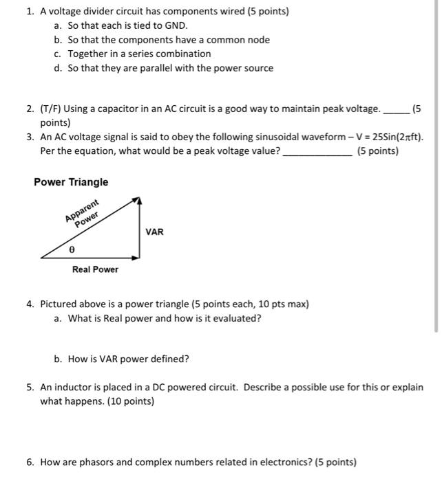 Solved 1. A voltage divider circuit has components wired (5 | Chegg.com