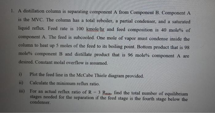 Solved 1. A distillation column is separating component A | Chegg.com