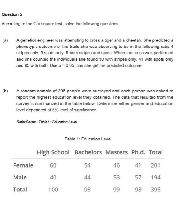 Solved Question 5 According to the Chi-square test, solve | Chegg.com