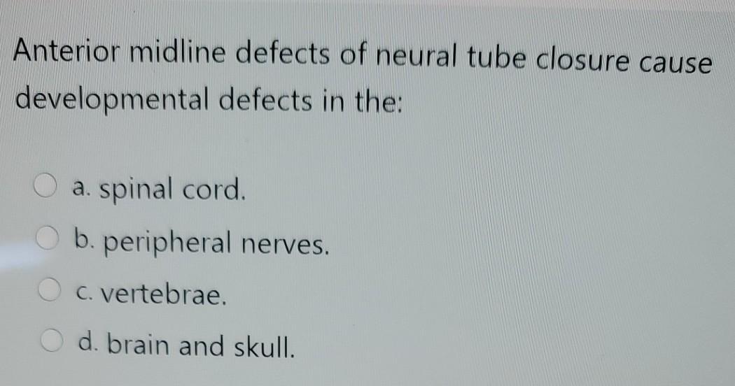 Anterior midline defects of neural tube closure cause developmental defects in the: a. spinal cord. b. peripheral nerves. C.