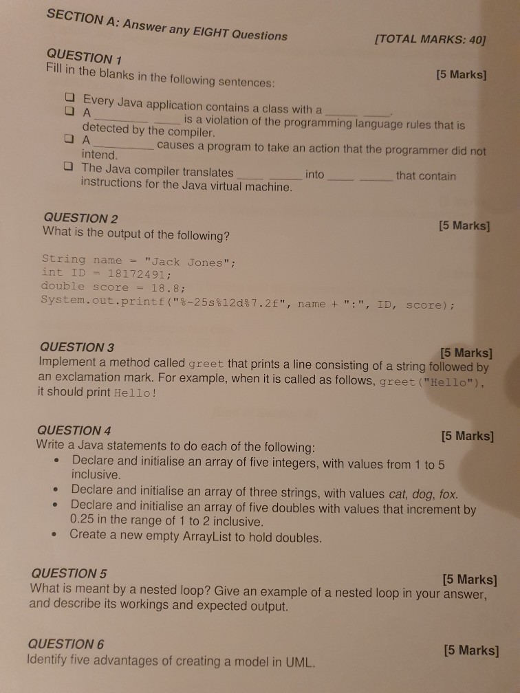 Solved Section A Answer Any Eight Questions Total Marks Chegg Com