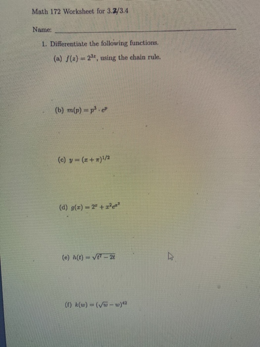 Solved Math 172 Worksheet For 3 343 4 Name 1 Differenti Chegg Com