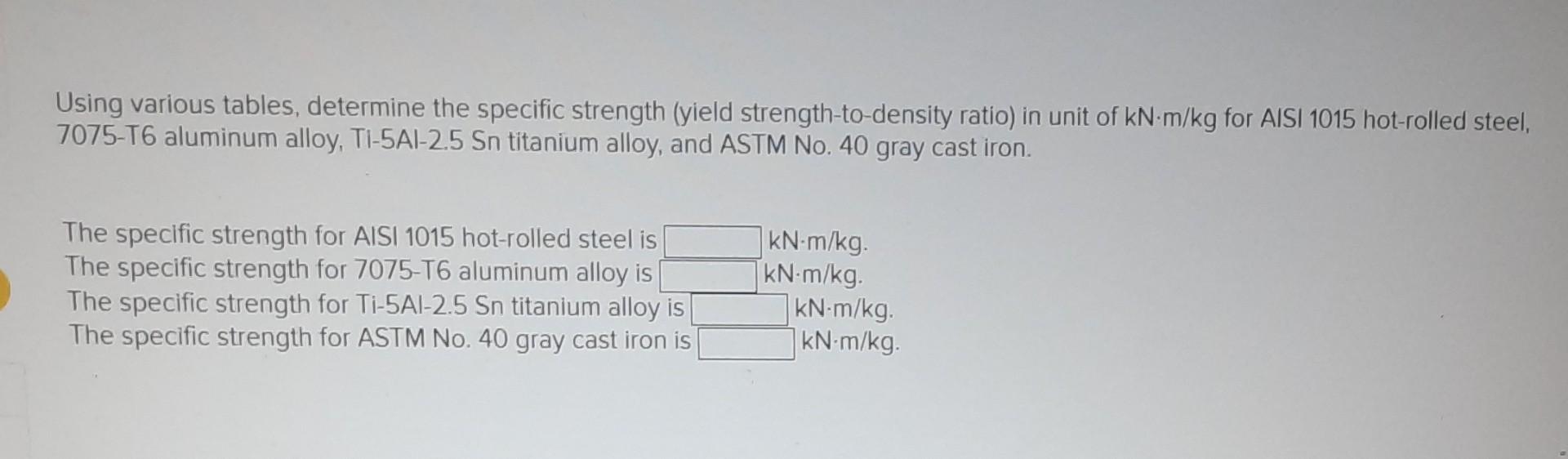 Solved Using various tables, determine the specific strength | Chegg.com