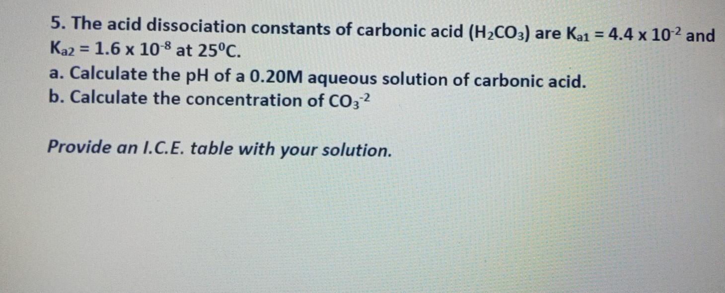 Solved 5. The acid dissociation constants of carbonic acid