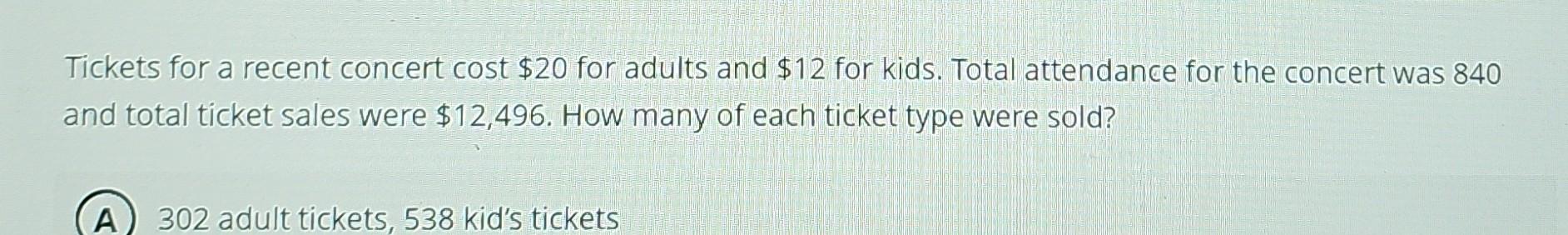 Solved Tickets for a recent concert cost $20 for adults and | Chegg.com