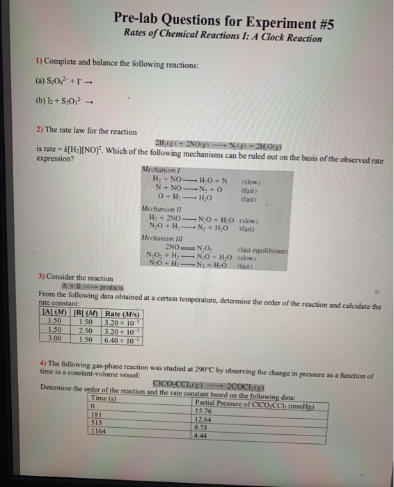 Solved Pre-lab Questions For Experiment #5 Rates Of Chemical | Chegg.com