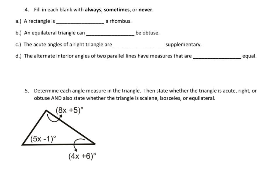 Solved 4. Fill in each blank with always, sometimes, or | Chegg.com