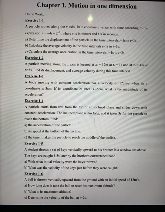 Solved Chapter 1. Motion In One Dimension Home Work: | Chegg.com