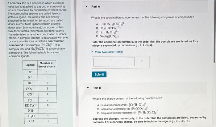 Solved Part A A complex ion is a species in which a central | Chegg.com