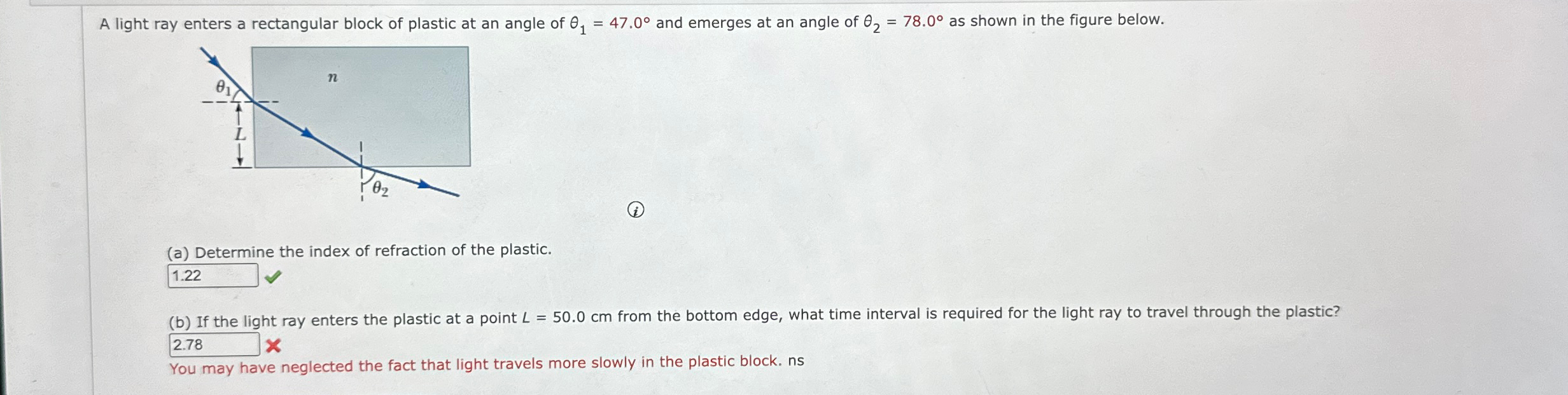 Solved A light ray enters a rectangular block of plastic at | Chegg.com