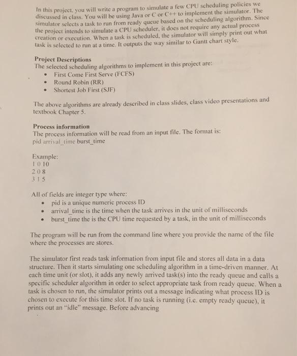 Solved In this project, you will write a program to simulate | Chegg.com