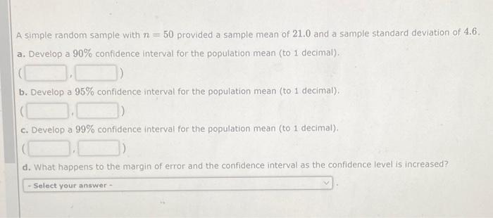 Solved A simple random sample with n=50 provided a sample | Chegg.com