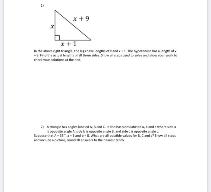 Solved ) 1) X +9 x x + 1 In the above right triangle, the | Chegg.com