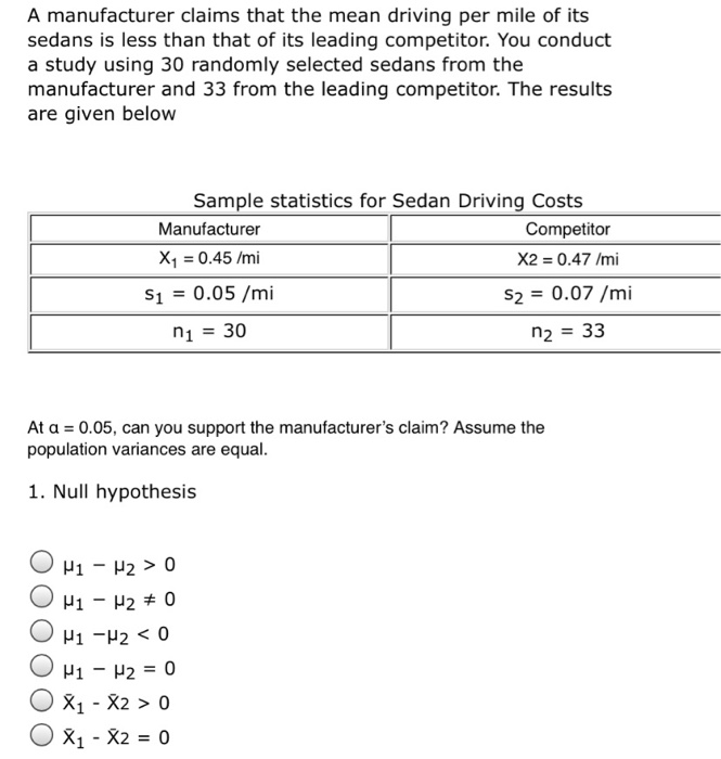 Solved A manufacturer claims that the mean driving per mile