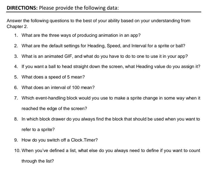 Solved DIRECTIONS: Please provide the following data: Answer | Chegg.com