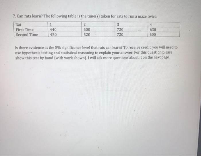 Solved 7. Can rats learn? The following table is the time(s) | Chegg.com