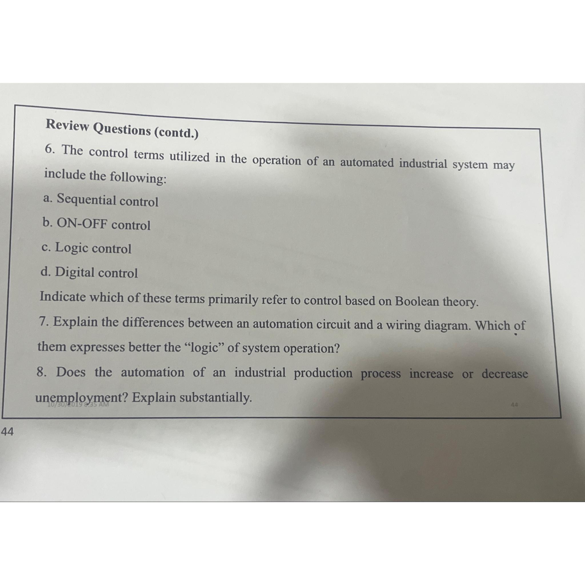 Solved Review Questions (contd.)6. ﻿The control terms | Chegg.com