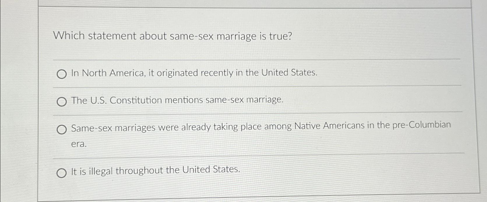 Solved Which statement about same-sex marriage is true?In | Chegg.com