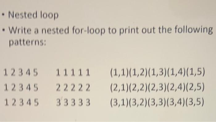 Solved • Nested loop • Write a nested for-loop to print out | Chegg.com