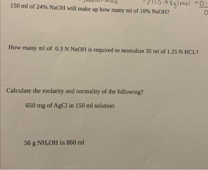 Solved 150ml of 24%NaOH will make up how many ml of 10%NaOH | Chegg.com