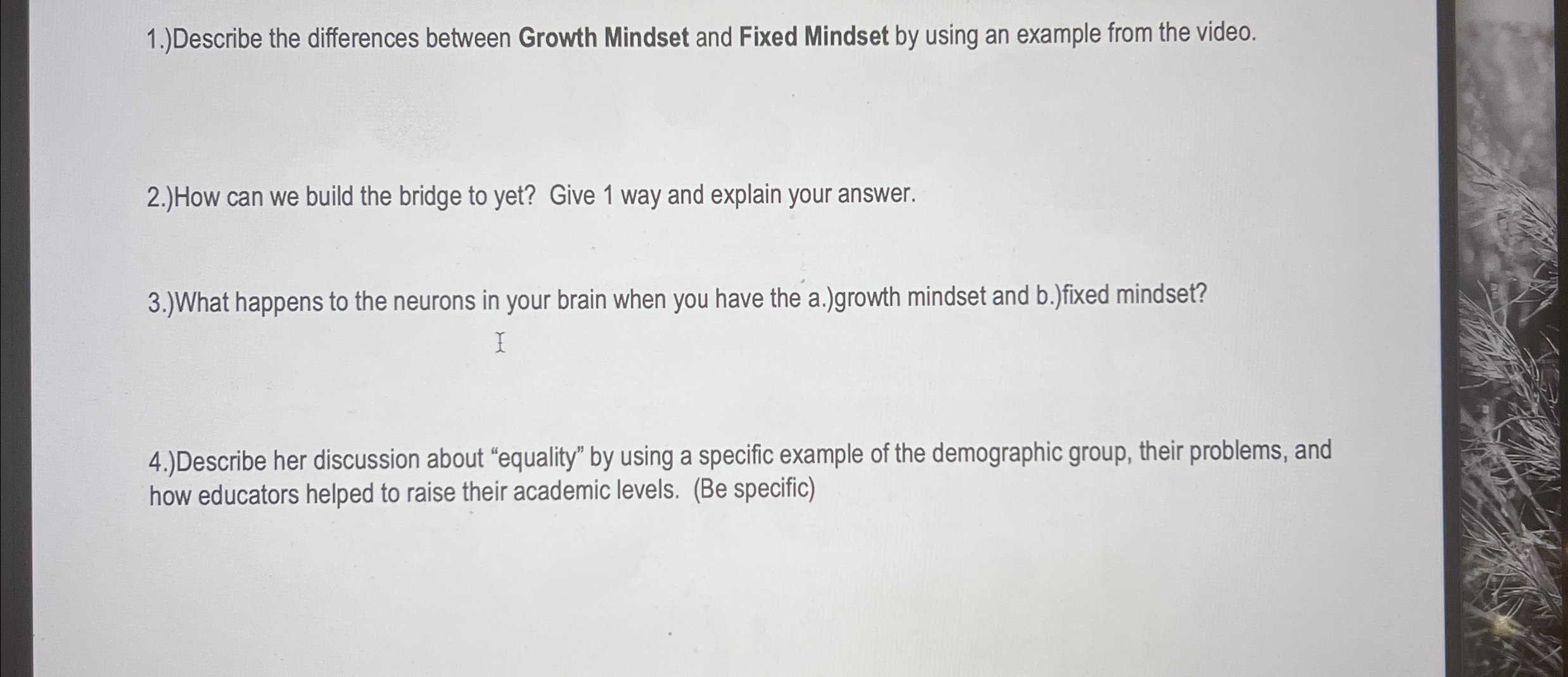 Solved 1.) ﻿Describe the differences between Growth Mindset | Chegg.com