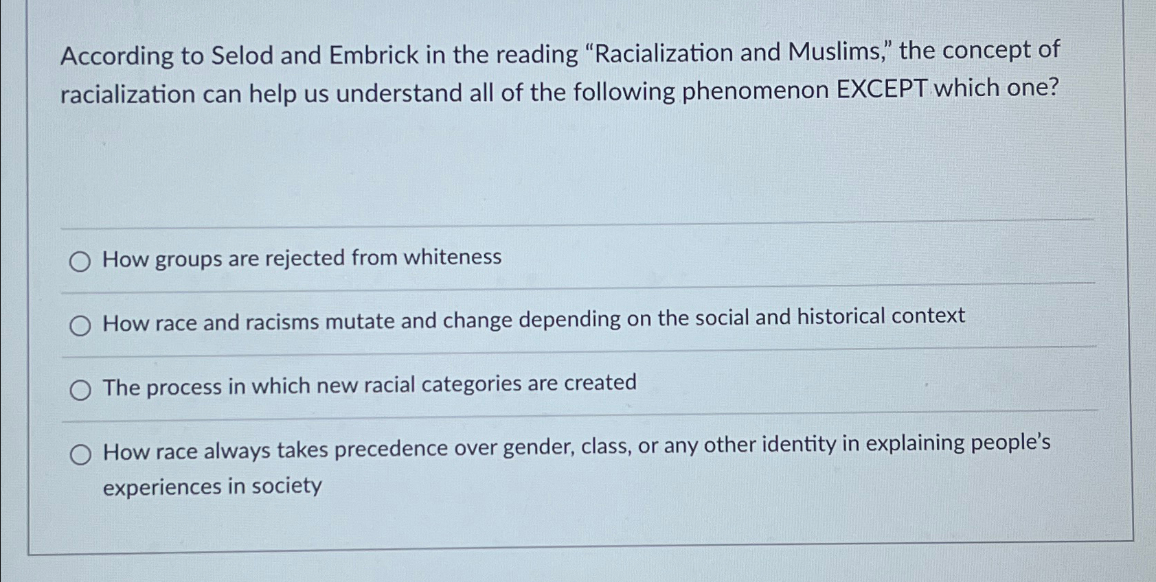 Solved According to Selod and Embrick in the reading | Chegg.com