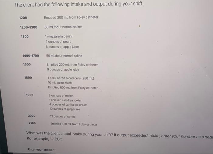Solved The client had the following intake and output during | Chegg.com