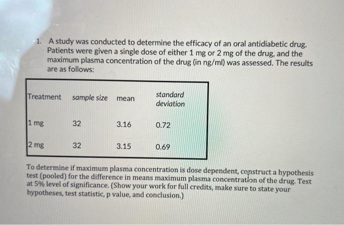 Solved 1. A study was conducted to determine the efficacy of | Chegg.com
