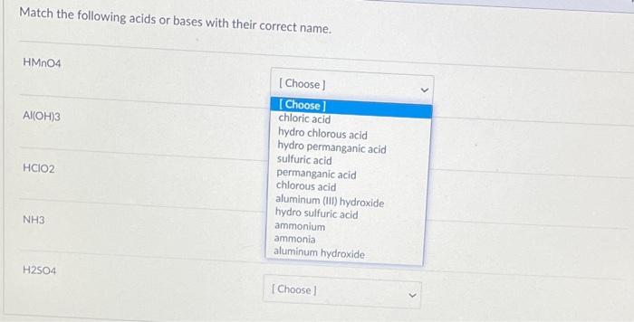 Solved Match the following acids or bases with their correct | Chegg.com
