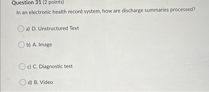 Solved Question 31 (2 Points) In An Electronic Health Record | Chegg.com