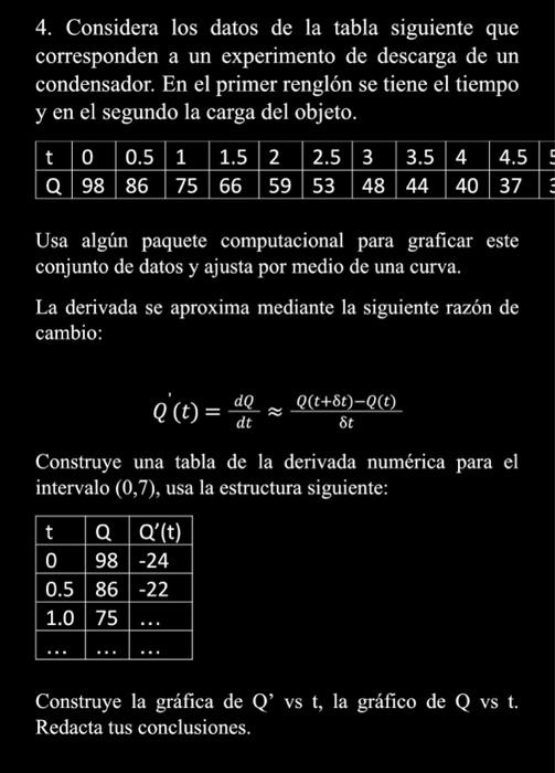 4. Considera los datos de la tabla siguiente que corresponden a un experimento de descarga de un condensador. En el primer re