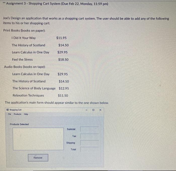 Solved * Assignment 3 Shopping Cart System (Due Feb 22,
