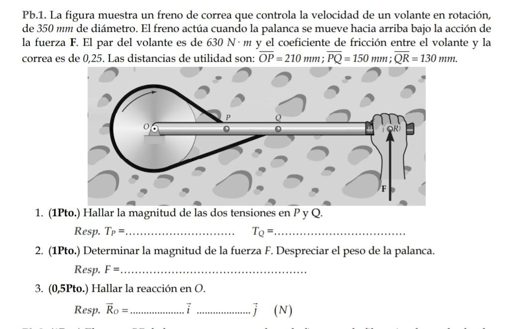 Pb.1. La figura muestra un freno de correa que controla la velocidad de un volante en rotación, de \( 350 \mathrm{~mm} \) de