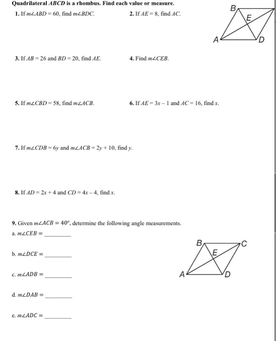 Solved Quadrilateral Abcd Is A Rhombus Find Each Value O Chegg Com
