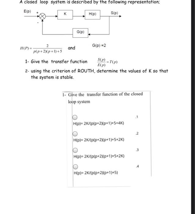 Solved A closed loop system is described by the following | Chegg.com