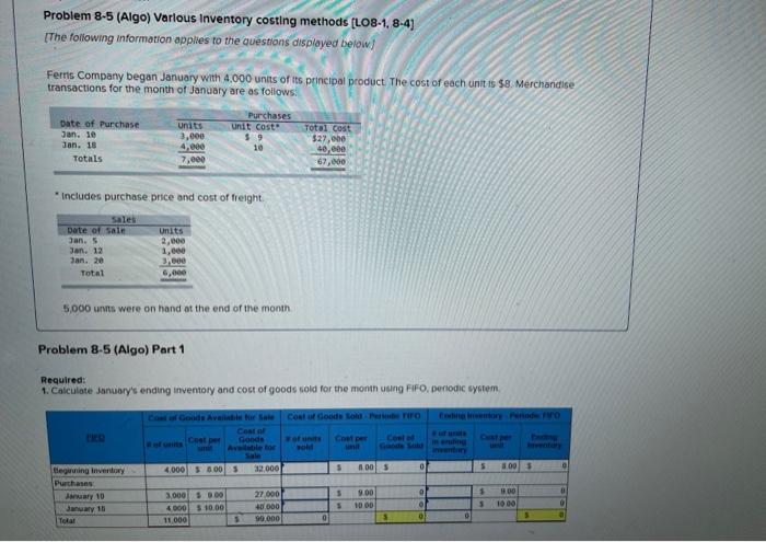 Solved Problem 8-5 (Algo) Various Inventory Costing Methods | Chegg.com