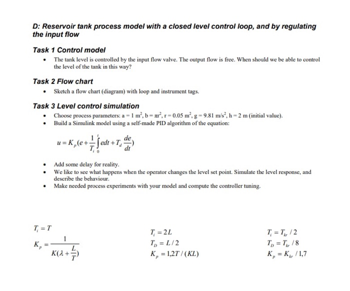 D: Reservoir tank process model with a closed level | Chegg.com
