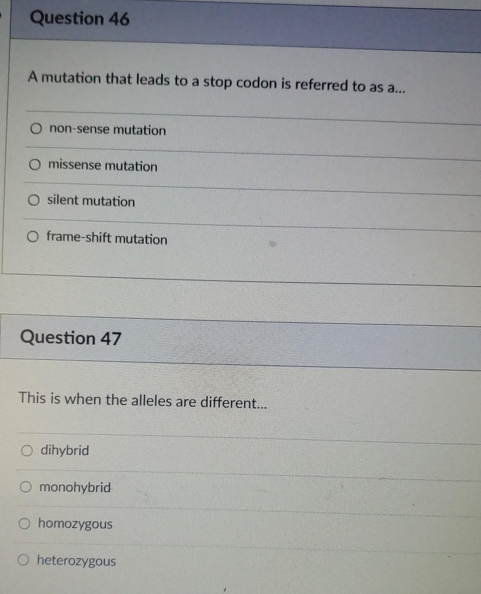 Solved Question 46 A mutation that leads to a stop codon is | Chegg.com