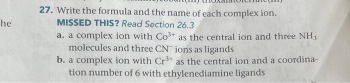 Solved 27. Write the formula and the name of each complex | Chegg.com