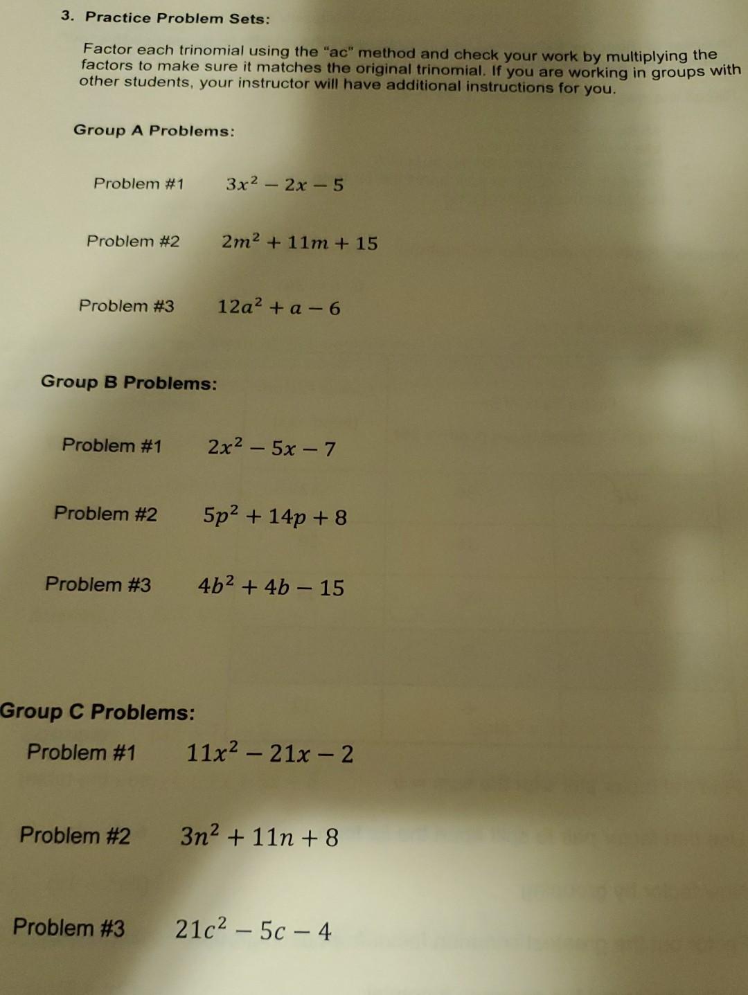 Solved 3. Practice Problem Sets: Factor Each Trinomial Using | Chegg.com