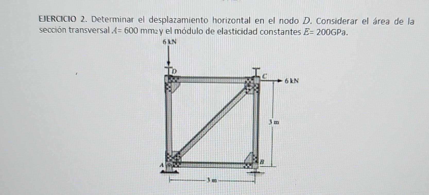 EERCICIO 2. Determinar el desplazamiento horizontal en el nodo \( D \). Considerar el área de la sección transversal \( A=600