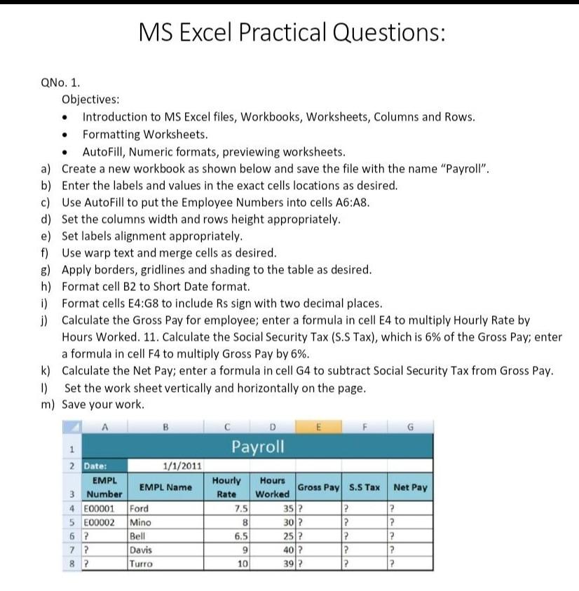 Solved MS Excel Practical Questions QNo. 1. Objectives