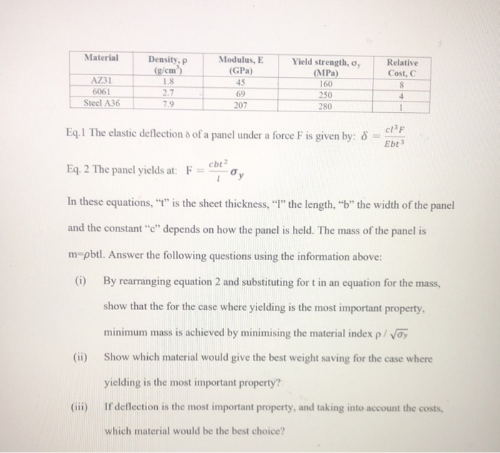 Solved Material AZ31 6061 Steel A36 Density, P (g/cm) 1.8